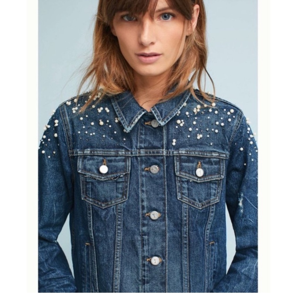 Pilcro & The Letterpress Anthropologie Pearl Denim Embellished Jean Jacket XS - Picture 5 of 9